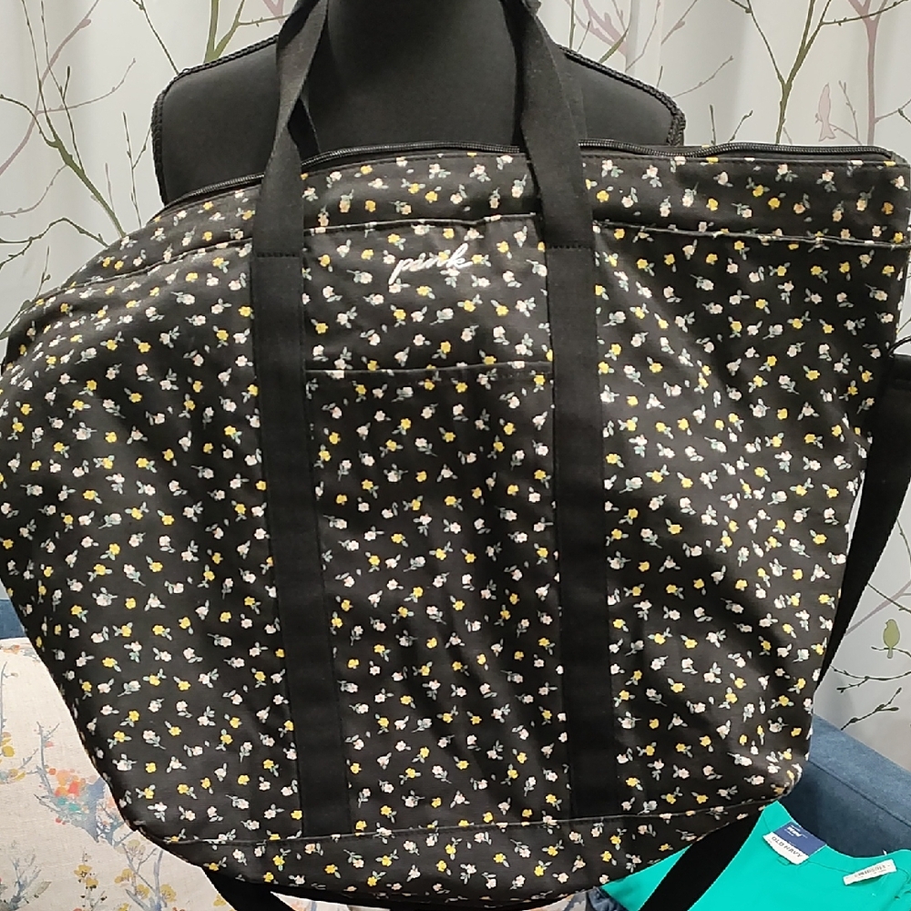 PINK Victoria's Secret Black Tote with Floral Design